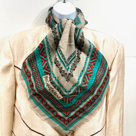Vintage Yves Saint Laurent YSL scarf   cotton/ silk  31 Green gray red dott(25) - Picture 2 of 10